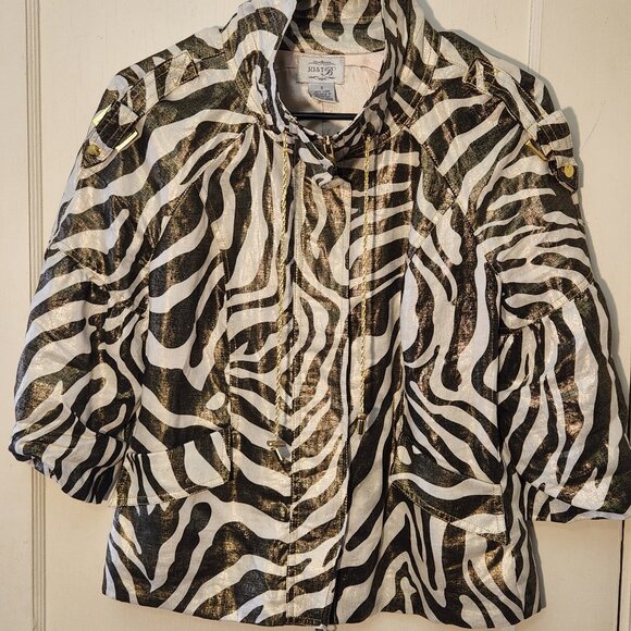 JUST B zebra print, shimmer gold 100% linen zip up lightweight coat/top small - Picture 1 of 10